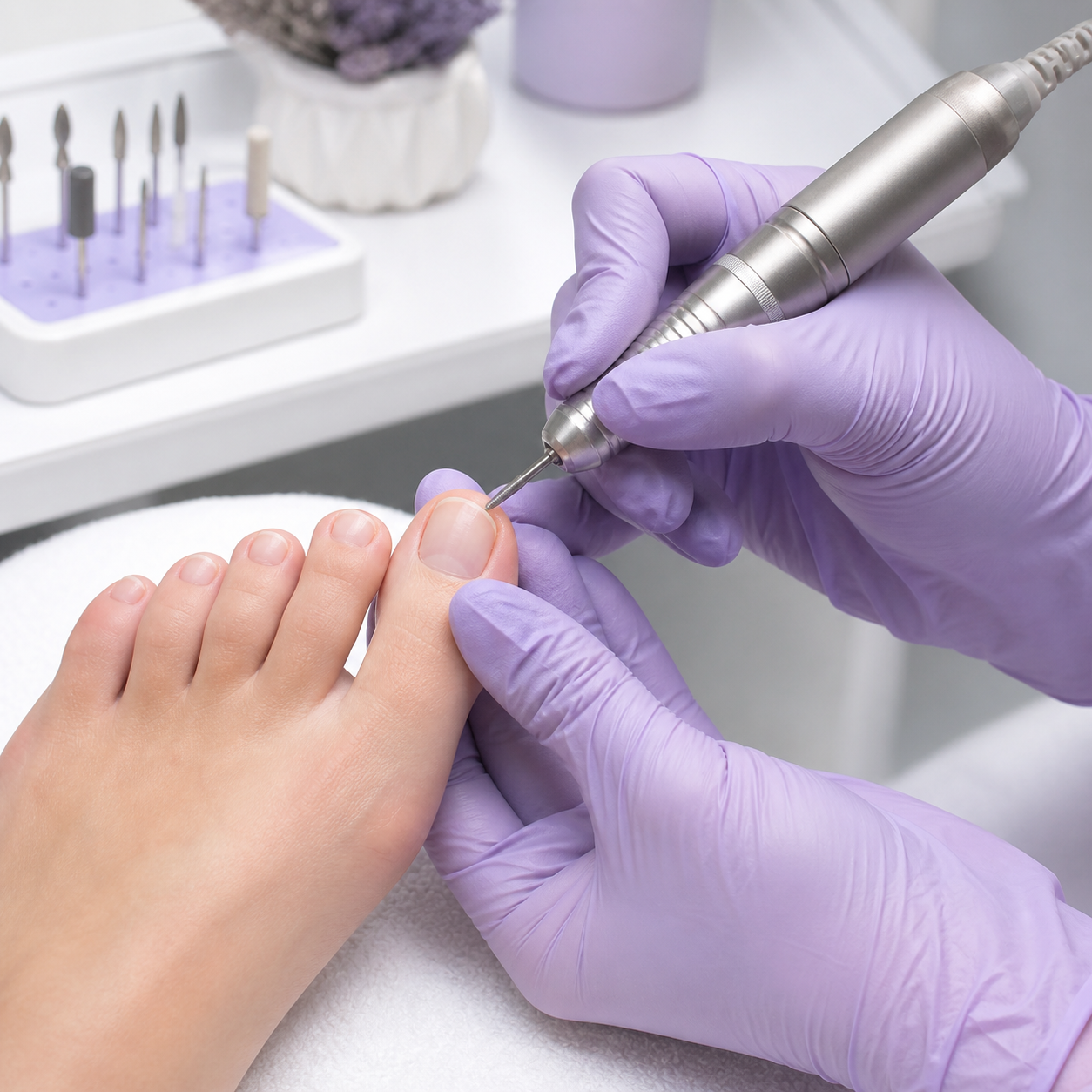 Preparación profesional de las uñas de los pies con torno antes del esmaltado permanente.