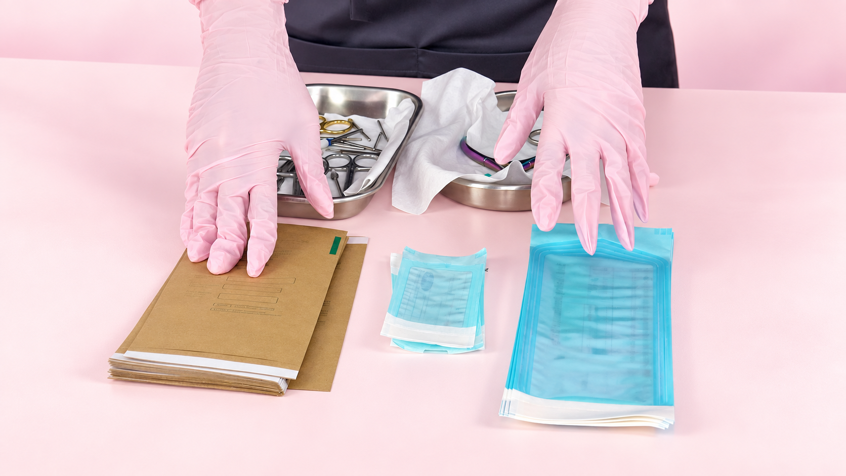 Mesa de preparación del instrumental con bolsas de esterilización y guantes rosas