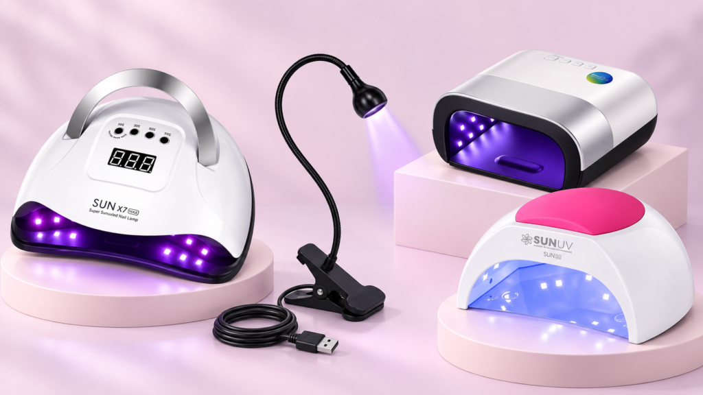 Montaje de cuatro lámparas: SUN X7 MAX con asa, auxiliar de pinza y dos SUNUV