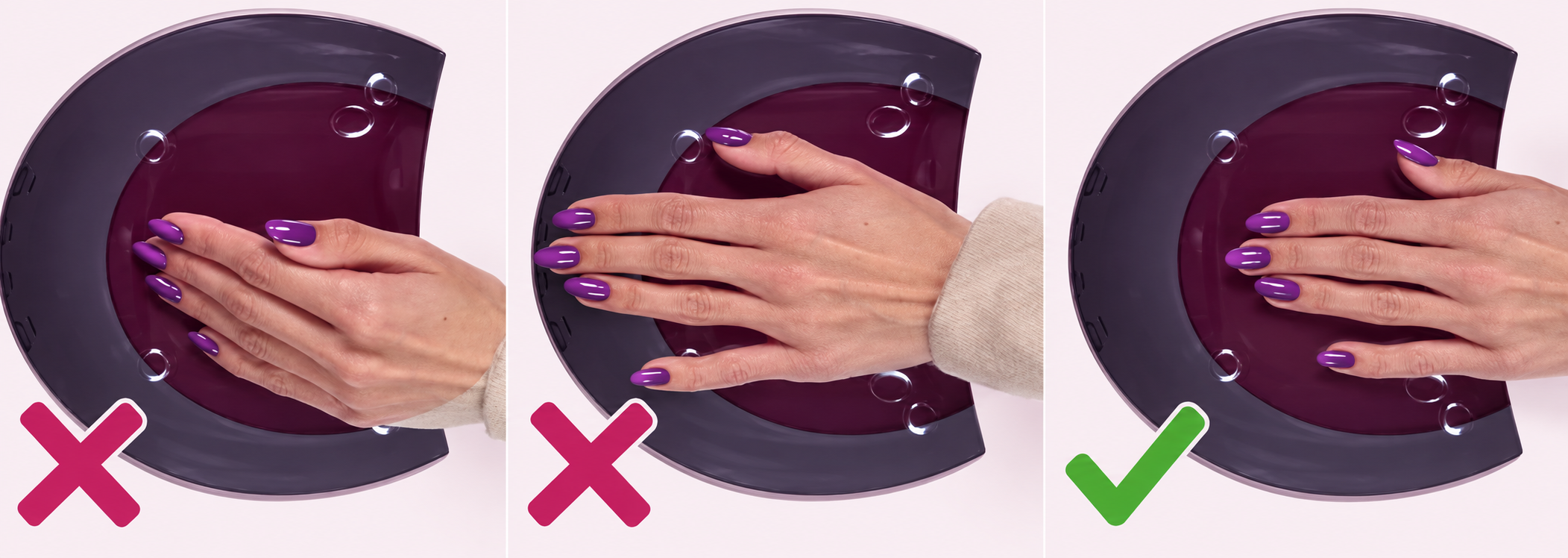 Comparativa de colocación de la mano: dedos encogidos y mano excesivamente adelantada marcados con cruces; mano centrada y plana con marca de correcto