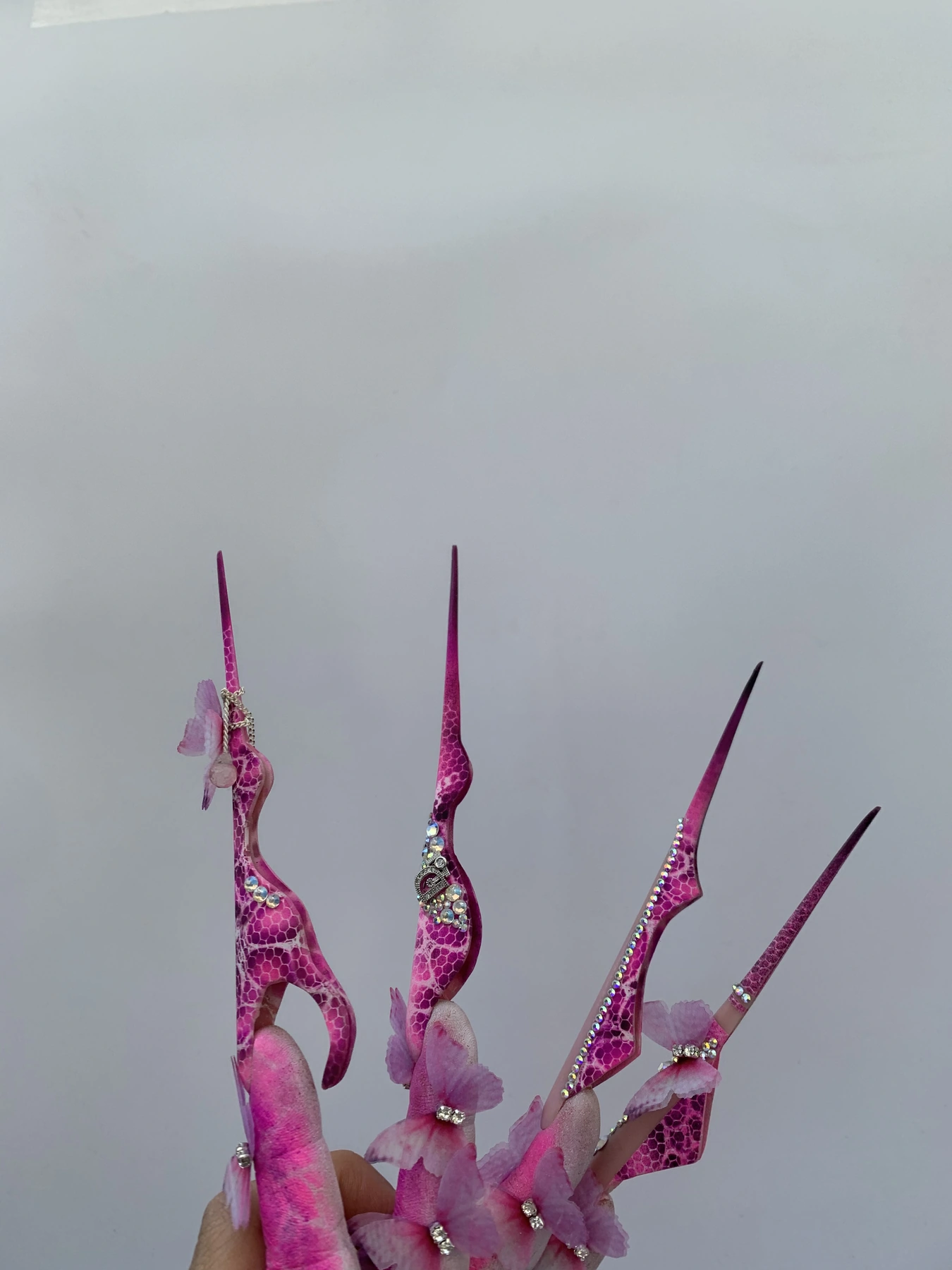 Cuatro estructuras CoralExtreme fucsias con mariposas y pedrería