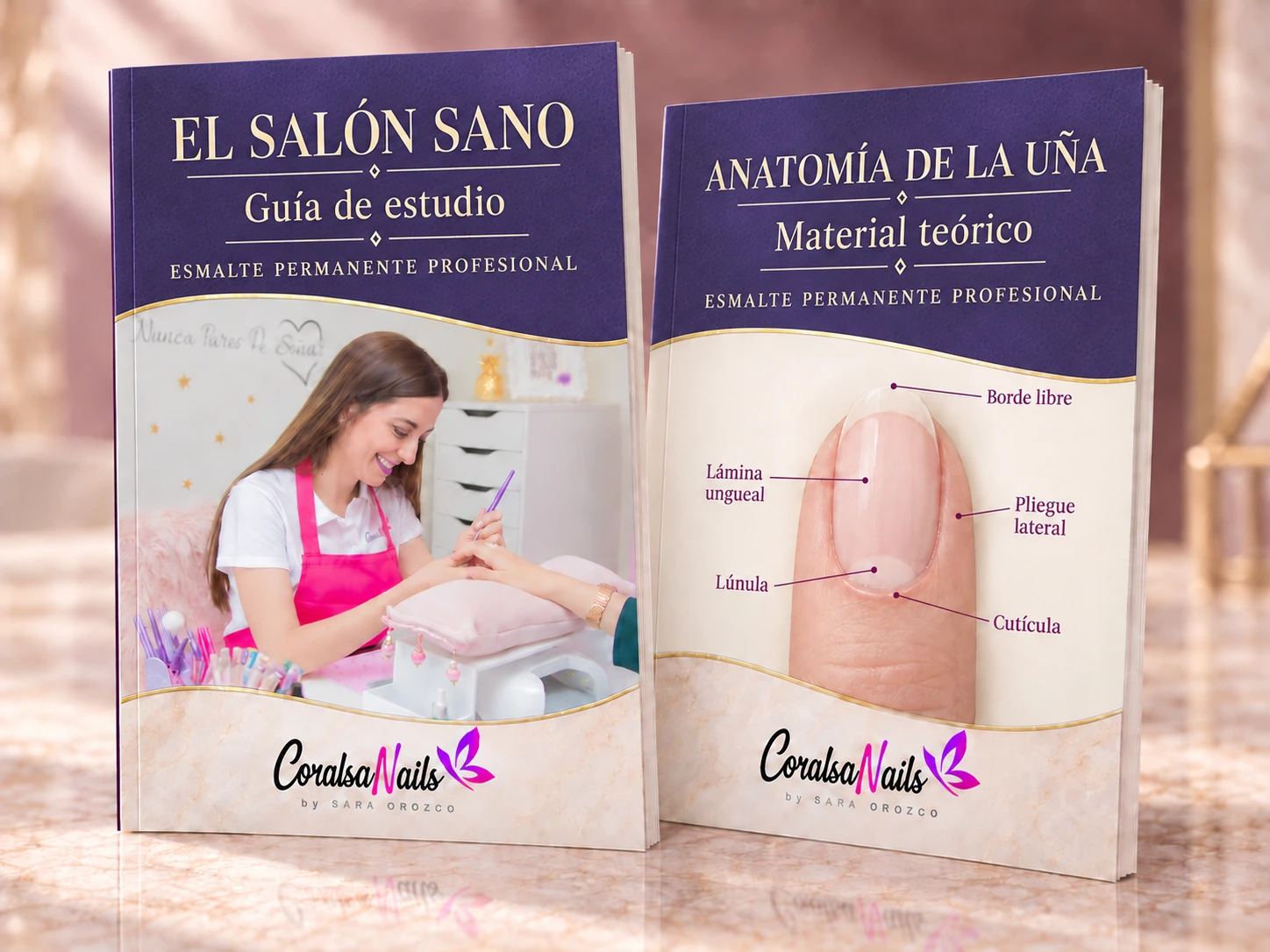 Recursos digitales El salón sano, con Sara atendiendo en el salón, y Anatomía de la uña, con esquema de la uña natural