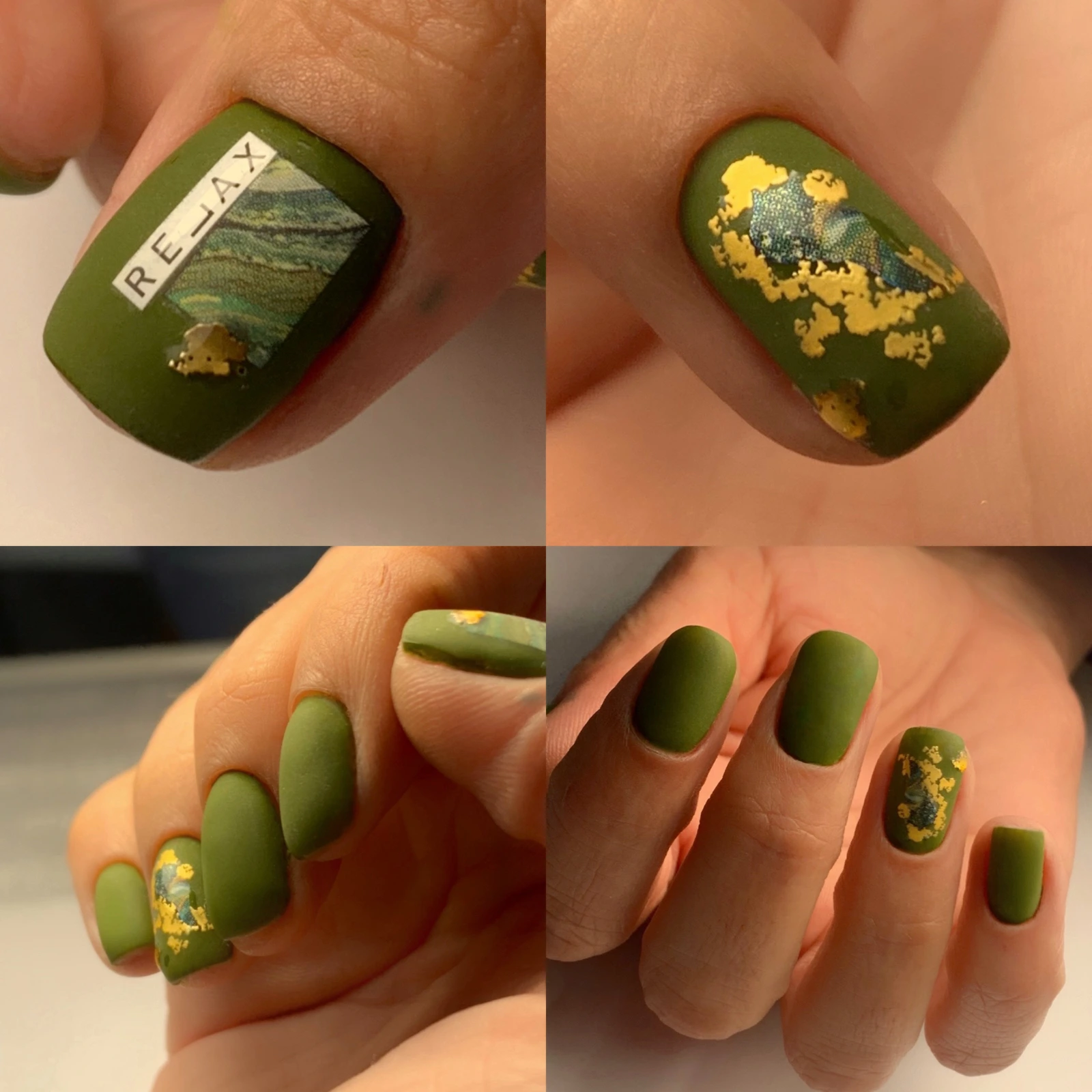 Detalles de una manicura verde con decoración de salón, sin rótulo superpuesto