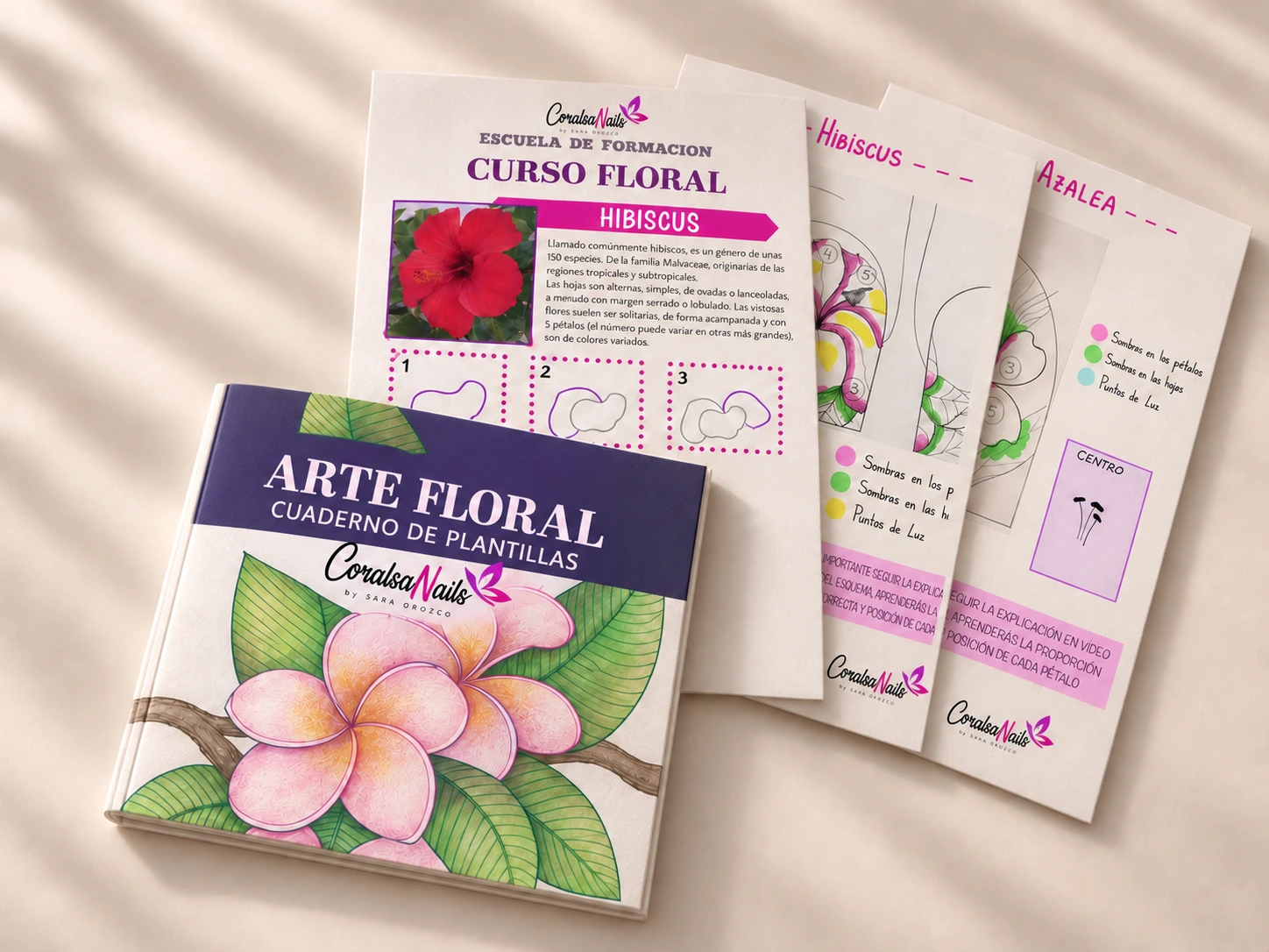 Presentación del cuaderno digital con páginas superpuestas de construcción de flores, sombras y puntos de luz