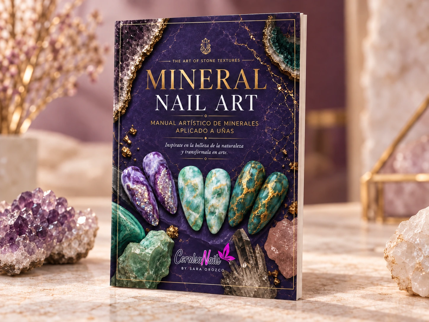 Presentación en forma de libro del Manual artístico de minerales aplicado a uñas, con portada adaptada a los colores de la marca