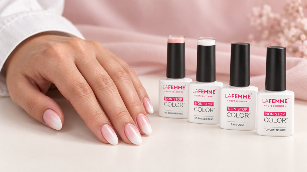 Manicura babyboomer en rosa suave y blanco lechoso junto a los productos La Femme