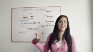 Sara Orozco explica en la pizarra por qué el gel puede generar calor durante el curado