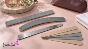 Limas de distintas formas, base metálica y recambios abrasivos sobre una mesa rosa