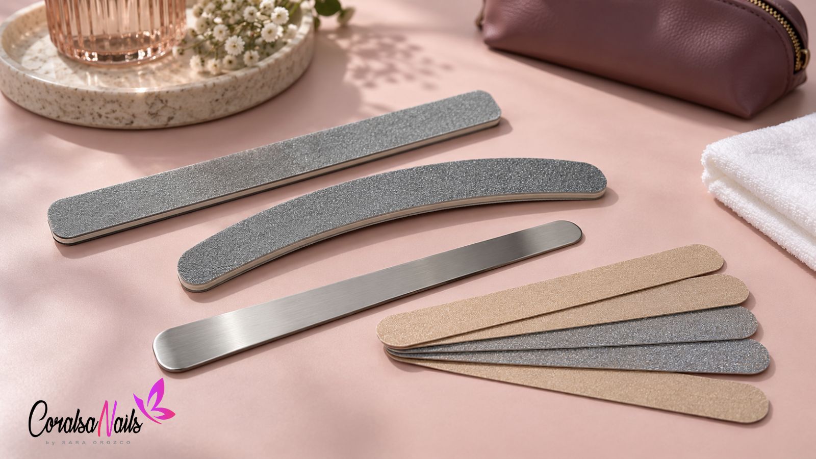Limas de distintas formas, base metálica y recambios abrasivos sobre una mesa rosa
