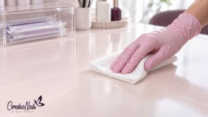 Mano con guante rosa limpiando una mesa de manicura despejada