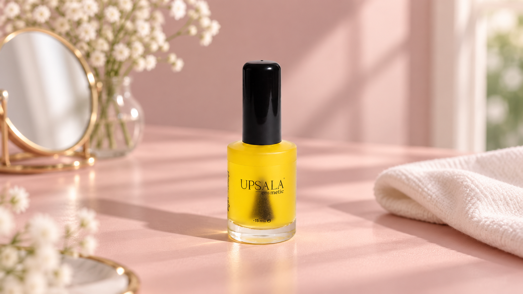 Aceite de cutículas Upsala sobre una mesa rosa, junto a una toalla y un espejo