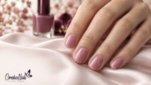 Manicura rosa con acabado brillante sobre un fondo de seda clara