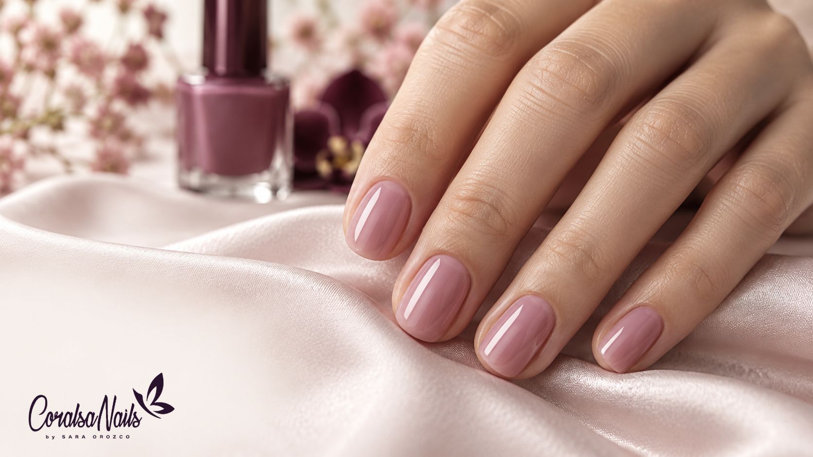 Manicura rosa con acabado brillante sobre un fondo de seda clara