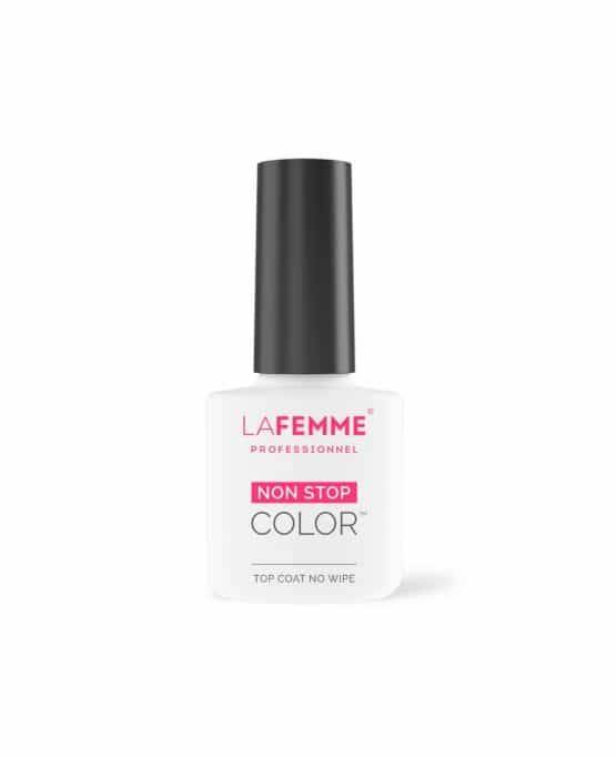 Envase original de Top Coat No Wipe La Femme Non Stop Color, fotografía de Upsala