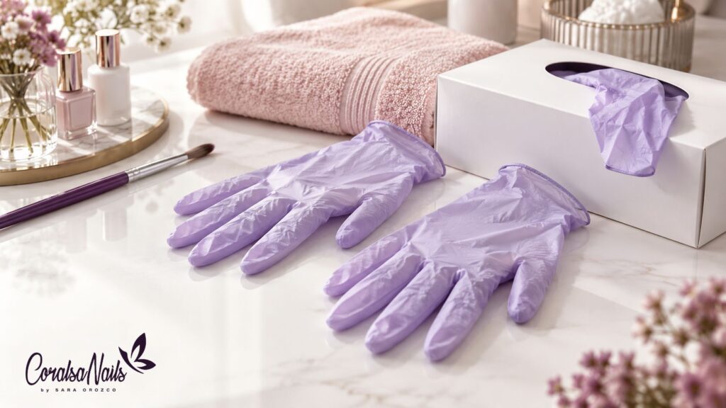 Caja de guantes y útiles de manicura sobre una mesa clara