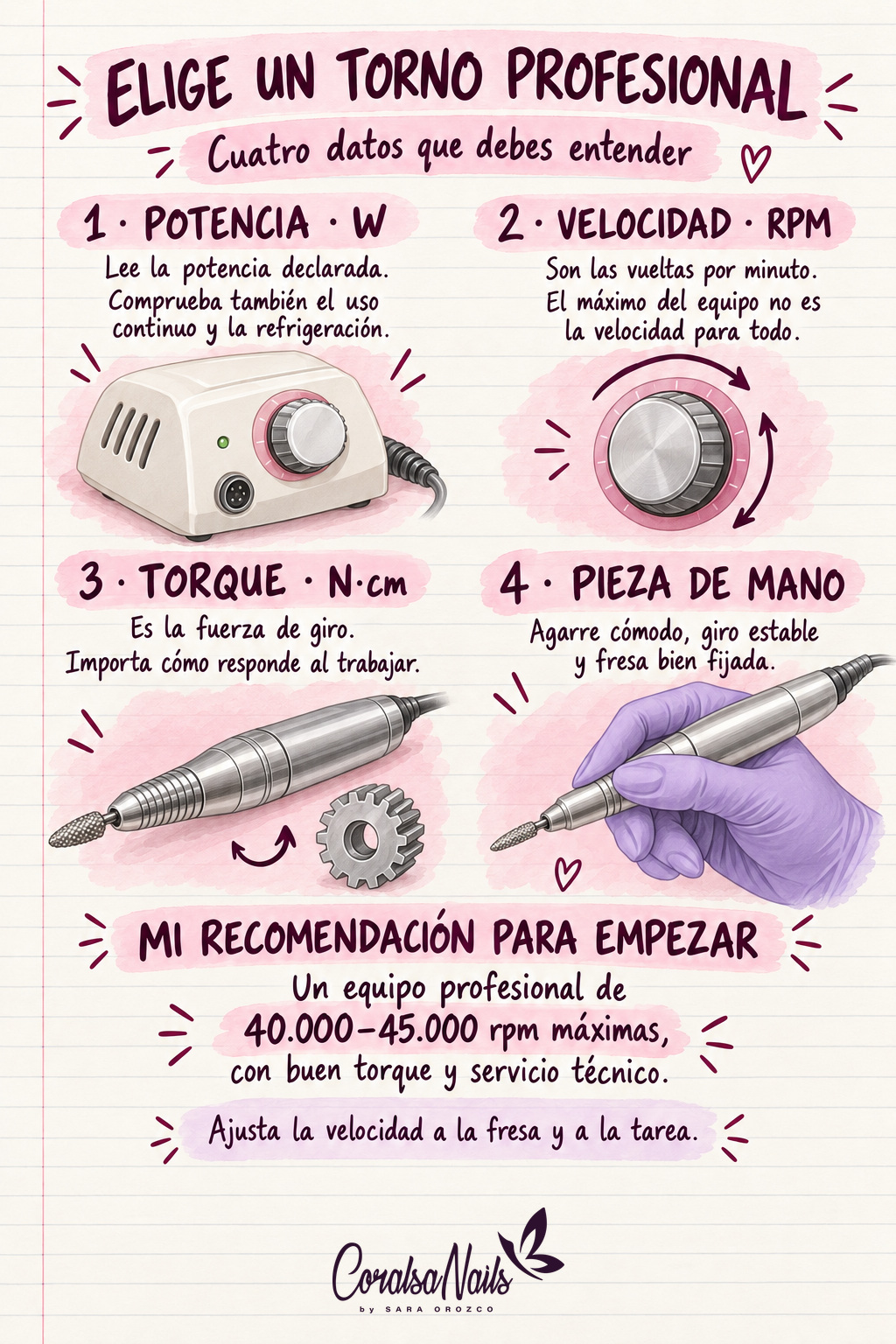 Cuatro características para elegir un torno: potencia en W, velocidad en rpm, torque en N·cm y pieza de mano. Recomendación de Sara para empezar: equipo profesional de 40.000–45.000 rpm máximas, buen torque y servicio técnico; ajustar la velocidad a la fresa y a la tarea.