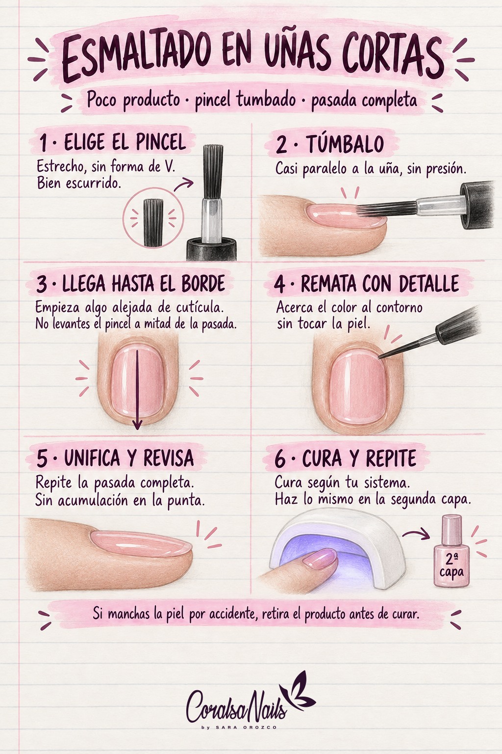Seis pasos para esmaltar uñas cortas: pincel estrecho y escurrido, casi paralelo sin presión, pasada completa hasta el borde, remate con detalle, unificación y curado antes de la segunda capa