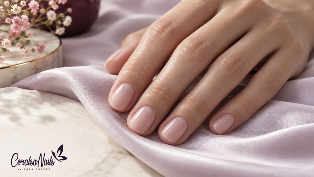 Manicura de uñas cortas junto a un pincel de esmalte