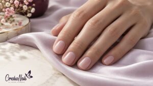 Manicura de uñas cortas junto a un pincel de esmalte