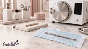 Autoclave blanco junto a documentación y material empaquetado