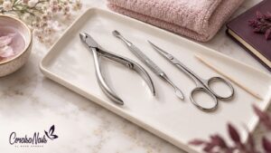 Herramientas manuales de manicura sobre una bandeja clara