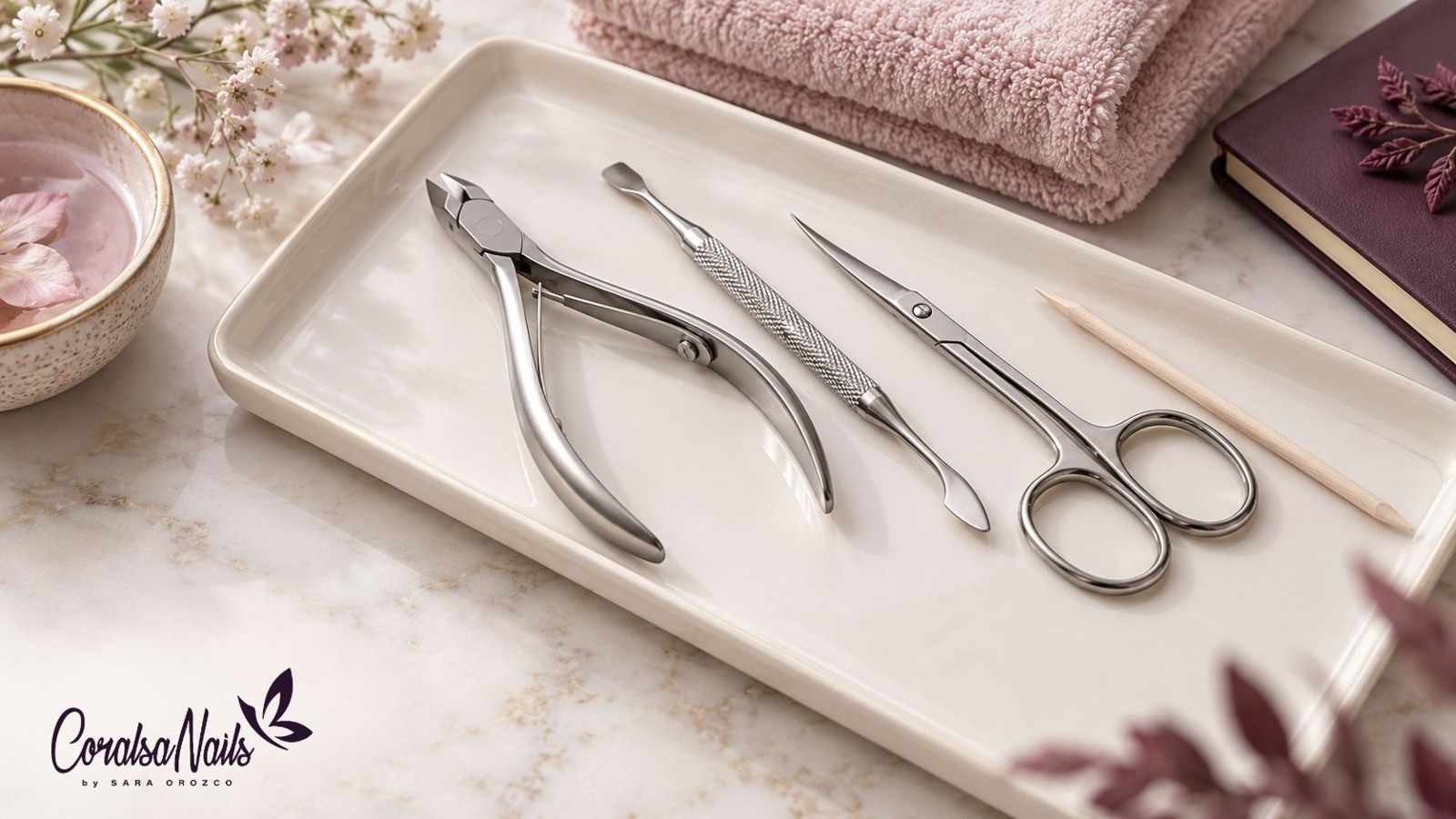 Herramientas manuales de manicura sobre una bandeja clara