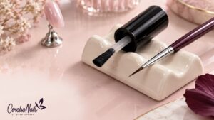 Pincel de esmalte y pincel fino de detalle sobre una mesa rosa