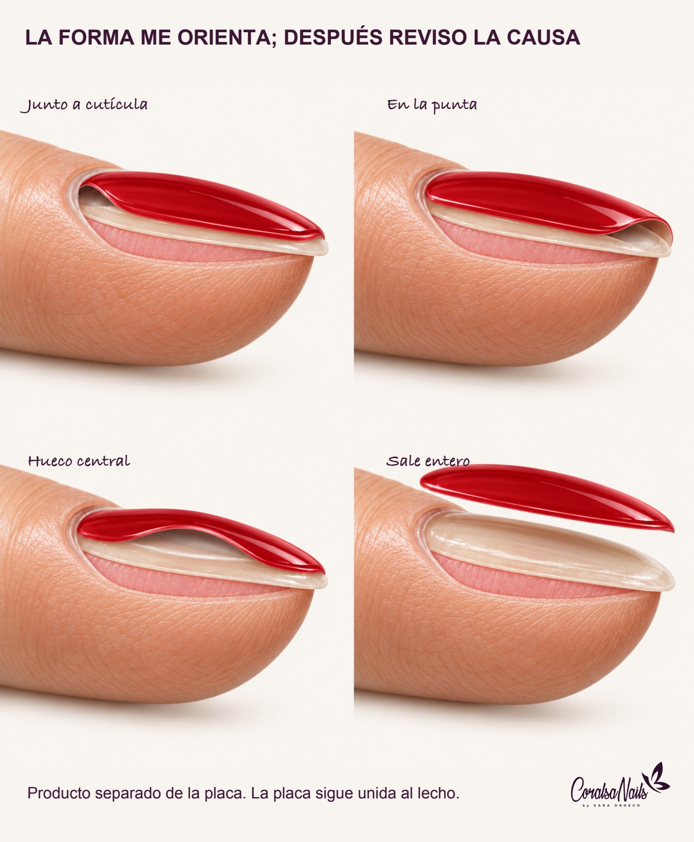 Cuatro esquemas: separación junto a cutícula, en punta, hueco central y capa de producto desprendida entera.