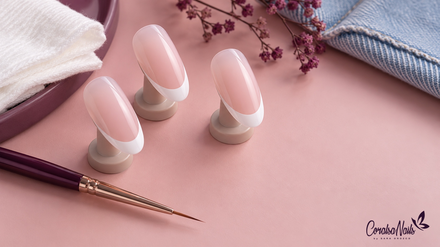 Tres tips de práctica con base rosa y punta francesa blanca junto a un pincel fino.